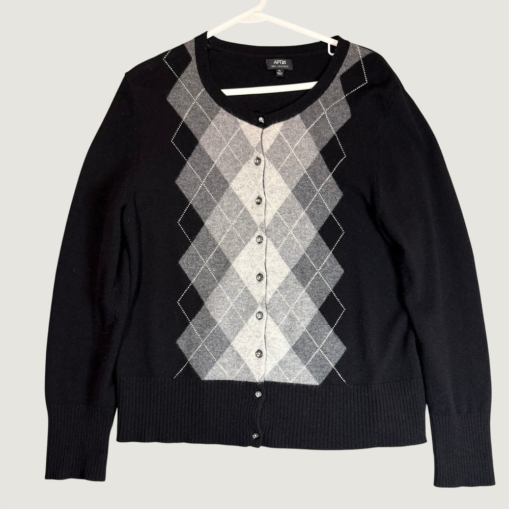 Womens 100% Cashmere Argyle Cardigan Sweater Black Grey XL Grandma Core Vintage